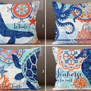 Maritime Life Pillow Shams, Marine Octopus Throw Pillow, Sea Turtle Pillows, Seahorse Decorative Cushion Covers, Whale Pillow, Yacht Decor