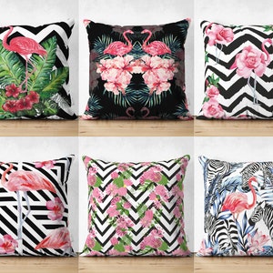 Flamingo Rose Cushion Cover, Zigzag Tropical Cushion Case, Lily Flower Pillowcase, Zebra Design Pillow Shams, Jungle Decorative Pillow Top