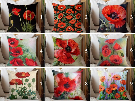 Housse De Coussin Décorative 45x45 Cm – Motif Coquelicots Blanc/rouge – Fermeture éclair