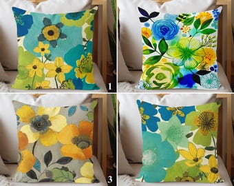 Turquoise Retro Flower Pillow Cover, Green Floral Throw Sham, Garden Decor