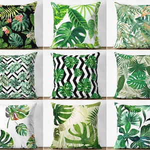 Tropical Leaves Pillowcase | Palm Leaf Pillowcovers | Green Tropical Pillowcase | Green Palm Tree Leaf Print Cushion | Leaves Throw Pillow
