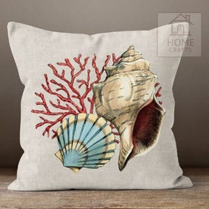 Oyster Throw Pillow Case, Coral Pillow Cover, Starfish Outdoor Cushion, Beach House Pillow Sham, Sea Shell Cushion Cover 18x18, 20x20, 24x24 Pattern #3