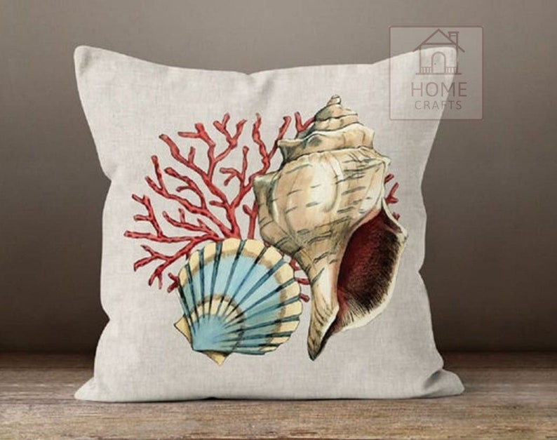 Oyster Throw Pillow Case, Coral Pillow Cover, Starfish Outdoor Cushion, Beach House Pillow Sham, Sea Shell Cushion Cover 18x18, 20x20, 24x24 Pattern #3