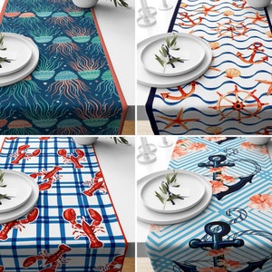 Anchor Style Table Runner, Lobster Design Table Runner, Sea Shell Table Cover, Nautical Dining Decor, Coastal Table Decor, Sea Table Cloth