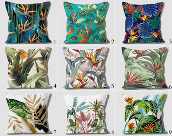 Tropical Leaves Pillow Covers, Palm Leaves Throw Pillows, Patio Pillow Case, Green Blue Pillow Sham, Tropical Plant Cushion Case, Leaf Decor