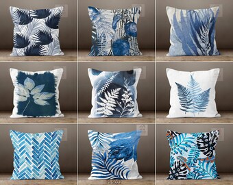 Blue Leaves Pillow Cover, Decorative Throw Pillow, Patio Pillow Case, Navy Color Pillow Sham, Tropical Plant Pattern Cushion, Home Gift