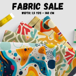 May include: A stack of colorful fabric with abstract patterns. The fabric is 1.5 yards wide and 140 cm long.  The fabric is perfect for quilting, sewing, and crafting.
