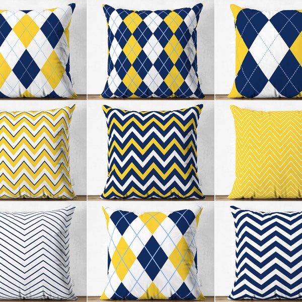 Yellow Blue Pillow Cover, Yellow Outdoor Cushions, Blue Yellow Accent Pillows, Diamond Pattern Pillow, Yellow Blue Chevron Pillow, Home Gift