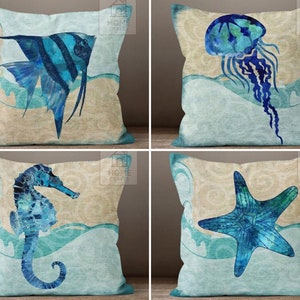 Ocean Life Pillow Cover, Nautical Outdoor Pillows, Marine Throw Pillow, Teal Pillows, Decorative Navy Cushion, Fish Pillow, Coastal Decor