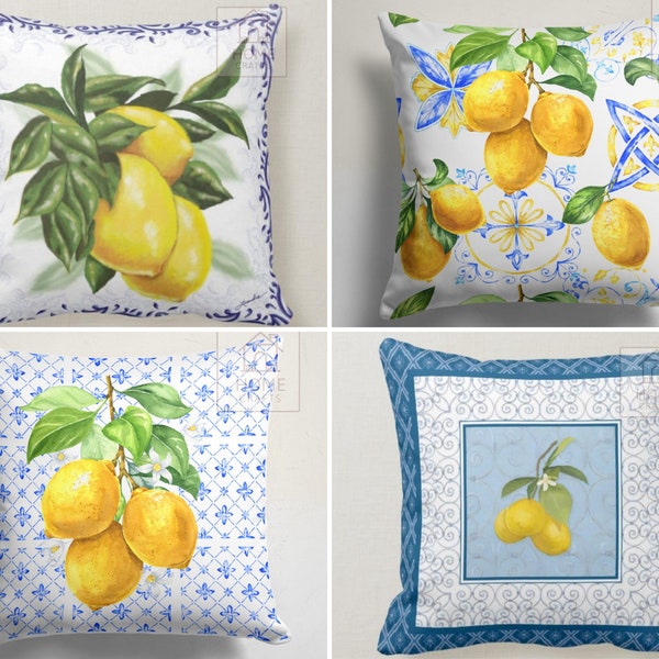 Lemon Decor Pillow Cover, Yellow Blue Throw Pillow, Citrus Cushion Case, Spring Lemon Pillowcase, Lemon Slices Pillow, Home Gift, Home Decor