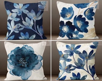 Dark Blue Flower Couch Pillow Cases, Decorative Trendy Cushion Case, Floral Sofa Decor Covers, Premium Quality Pillows, Elegant Home Design