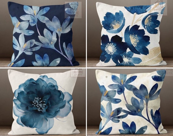 Federe per cuscini per divani con fiori blu scuro, federe