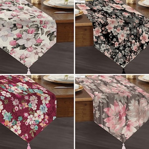 Pink Flower  Dining Runner, Nature Themed Table Linen, Luxurious Table Runner, Motley Triangle Runner, Tasseled Runner, House Gifts