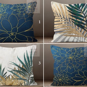 Navy Blue & Gold Succulent Pillow Covers, Decorative Palm Leaves Pillowcase, Tropical Plant Pillow Sham, Outdoor Cushion Case, Art Home Deco