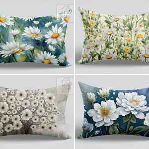 Daisy Flower Lumbar Pillow Cover, White Color Floral Rectangle Pillowcase, Anemone Flower Cushion Case, Watercolor Floral Pillow Top