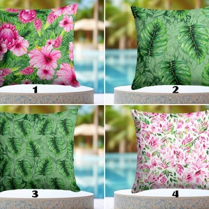 WATERPROOF Protea Cushion Covers, Hibiscus Floral Outdoor Pillowcases, Water Resistant Tropical Leaves Couch Pillow Sham, Pink Green Cushion