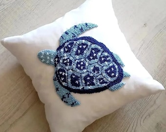 Sea Turtle Punch Pillow Covers, Nautical Punch Needle Throw Pillow Case, Beach Hut Punch Cushion Case, Embroidery Punch Cushion, Home Decor
