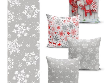 Gray Red White Snowflake Pillow Runner Set, Xmas Toss Pillowcase, Reindeer Cushion Covers, Noel Throw Pillow Set, Happy New Year Pillow Sham