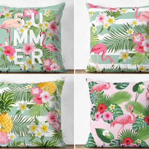 Flamingo in the Pink Flowers Pillow Case, Pink Floral Cushion Cover, Summer Pillow Cover, Flamingo Cushion Case, Tropical Floral Pillow Sham