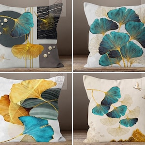 Ginkgo Leaves Print Pillow Cases, Abstract Pattern Pillows, Turquoise Throw Pillow Covers, Boho Leaf Patio Pillow Shams, Housewarming Gifts