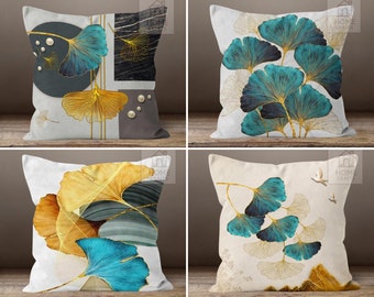 Ginkgo Leaves Print Pillow Cases, Abstract Pattern Pillows, Turquoise Throw Pillow Covers, Boho Leaf Patio Pillow Shams, Housewarming Gifts