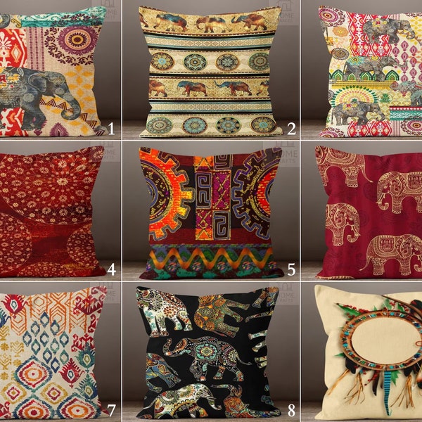 Elephant Pillow Cover, African Themed Cushion, Elephant Throw Pillow, Ethnic Pillowcase, Safari Cushion, Decorative Cushion, Indian Decor