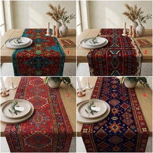 May include: Four patterned table runners in different colours are shown on a wooden table. The runners have intricate designs in red, blue, and teal, with a traditional rug-like appearance. Each runner is paired with a place setting.