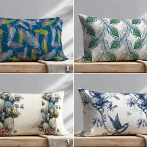 Nature Illustration Lumbar Cover, Peacock Feather and Bird Pattern, Accent Pillow Case