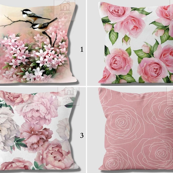 Pink Rose Print Pillow Covers, Chickadee Throw Pillow Case, New Trend Cushion Cover, Floral Outdoor Pillows, Garden Pillow Sham, Home Decor