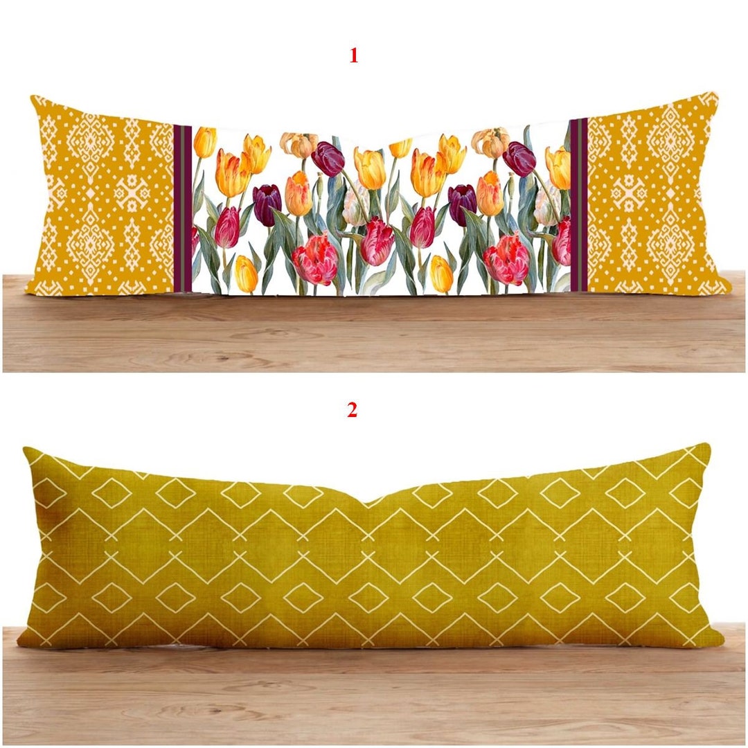 Floral Long Pillow Cover Geometric Bolster Pillowcase Orange Etsy