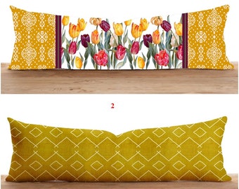 Floral Long Pillow Cover, Geometric Bolster Pillowcase, Orange Long Pillow Top, Geometric Lumbar Pillow, Oversized Cushion Covers, Home Gift