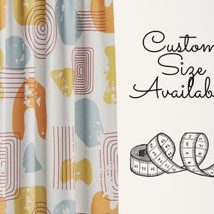 May include: A white curtain with a geometric pattern in shades of orange, yellow, and blue. The pattern features abstract shapes and lines. The text "Custom Size Available" is written in black cursive script. A black and white illustration of a measuring tape is below the text.