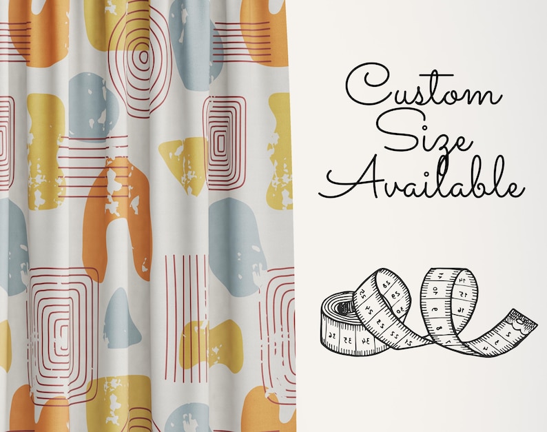 May include: A white curtain with a geometric pattern in shades of orange, yellow, and blue. The pattern features abstract shapes and lines. The text "Custom Size Available" is written in black cursive script. A black and white illustration of a measuring tape is below the text.