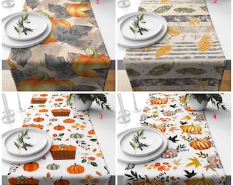 Fall Trend Table Runner, Dry Leaf Table Runner, Orange Pumpkin Tablecloth, Deer Print Table Top, Autumn Kitchen Runner, Housewarming Gift