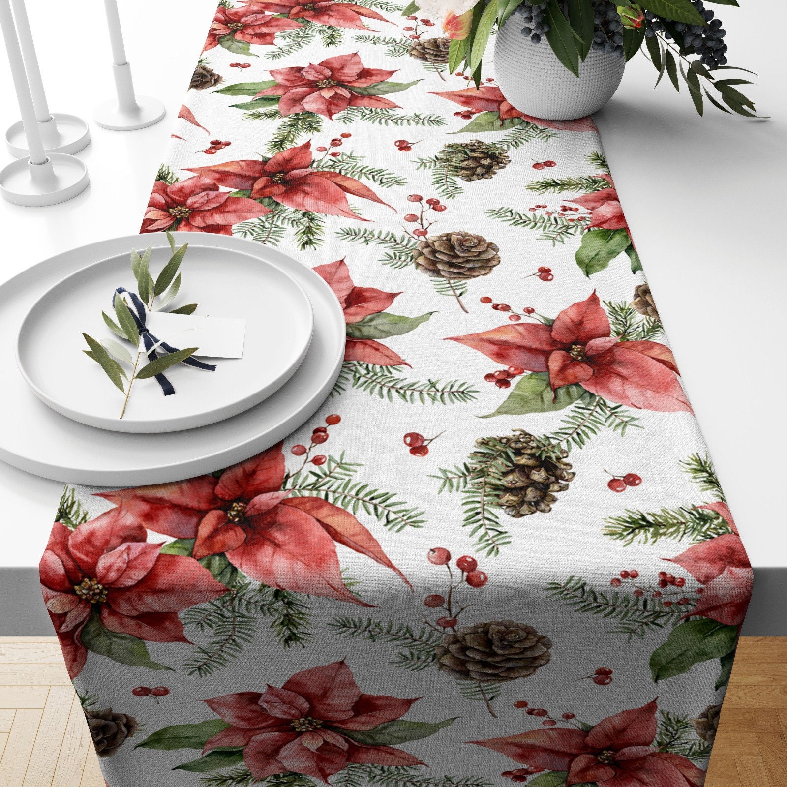 21sandwhick Christmas Table Runner 270cm Snowflake Christmas Tree Print Table Runner Kitchen Decorative Tablecloth Beige White #Christmas Tree 