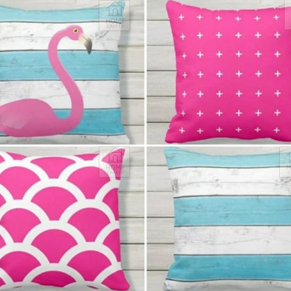 Flamingo Pillow Sham, Mermaid Pattern Pillow Cover, Plus Sign Design Cushion Cover, Blue and White Stripe Pillowcase, Pink Color Pillow Top