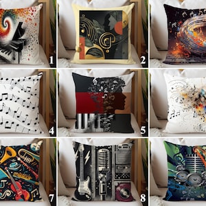 Peut inclure: Collection d'oreillers décoratifs sur le thème de la musique. Les motifs comprennent un piano, des notes de musique, des instruments et de l'art abstrait. Les coussins présentent diverses couleurs, dont le noir, le blanc, le bleu, l'orange et le vert. Les coussins sont carrés et en tissu doux.