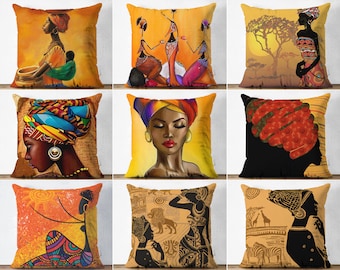 African Woman Pillow Covers, Black Girl Cushion Cases, Authentic Pillow Case, Traditional Pillows, Ethnic Decorative Pillow, Boho Home Decor