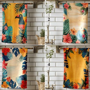 Tropical Kitchen Towels, Colorful Botanical & Exotic Bird Dish Towels, Summer Floral Island Style Jungle Leaves Hand Towels for Beach House
