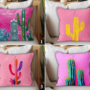 Pink Cactus Pillow Covers, Summer Cotton Cushion Covers, Desert Plant Pillow Cases, Soft Square Decorative Outdoor Cushion Case, Home Design