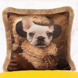 Dog With Hat Velvet Throw Pillow Cover, Velvet Decorative Pillow Cover With Tassels 18x18 inch, Luxury Home Decor 45x45 cm, Pillow For Sofa