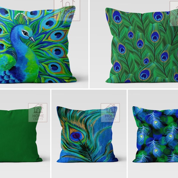 Peacock Pattern Pillow Cover, Peacock Feather Pillow Topper, Peacock Tail Cushion Cover, Blue & Green Color Pillow Sham, Feather Pillow Case