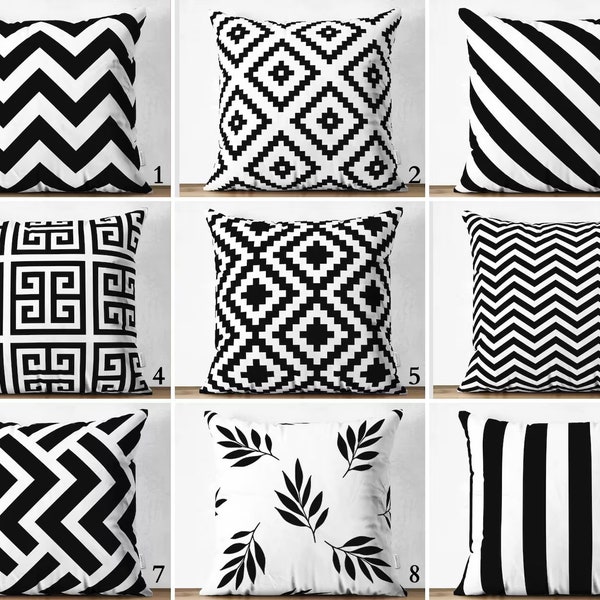 Housses de coussin noir blanc, taie de coussin de canapé géométrique, housse de coussin à rayures, coussin décoratif en zigzag, taie d'oreiller clé grecque