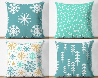 Teal Color Snowflake Print Pillow Cover, Christmas Tree Pillowcases, Polka Dotted Cushion Case, Trend Spotted Pillow Top, Winter Decoration