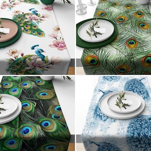 Peacock Table Runner, Peacock Feather Table Topper, Decorative Table Cover, Peacock Design Tablecloth, Feather Print Table Decor, Home Decor