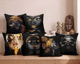 African Woman Portrait Pillow Cover, Gold Black Cotton Polyester Cushion Case