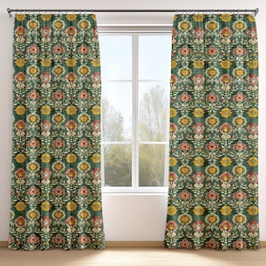 Traditional Flower Curtain, Vintage Floral Curtain, Custom Botanical Valance, Ornamental Pattern Living Room Drape, Folk Art Inspired Fabric