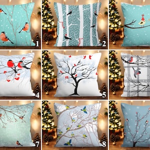 Xmas Bullfinch Print Pillow Covers, Perching Birds Cushion Cover, Birds in Tree Pillow Cases, Winter House Pillow Shams, Christmas Decor
