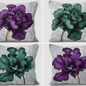 Emerald Green Throw Pillow Cover, Lilac Color Floral Pillow Cover, Purple Floral Throw Pillowcase, Floral Outdoor Pillow, Chic Sofa Design