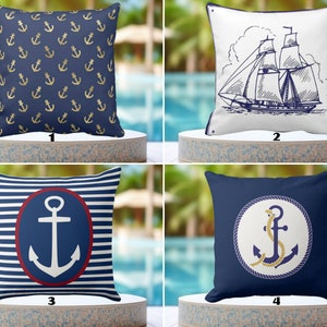 WATER-RESISTANT Anchor Cushion Covers, Outdoor Navy Blue Sailboat Pillowcase, Water Resistant Striped Pillow Sham, Nautical Cushion Cases